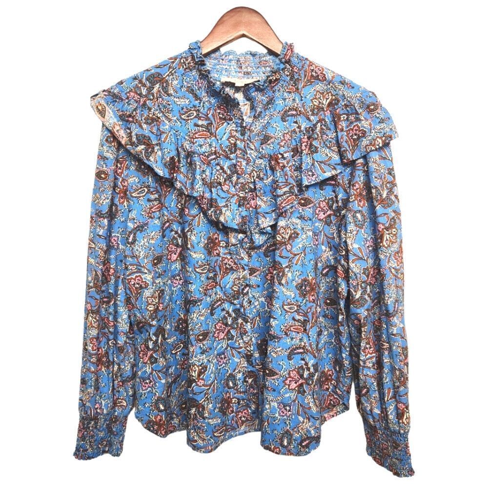 LOFT Bouquet Ruffle Shirt Blue Paisley Size XL - Picture 2 of 6